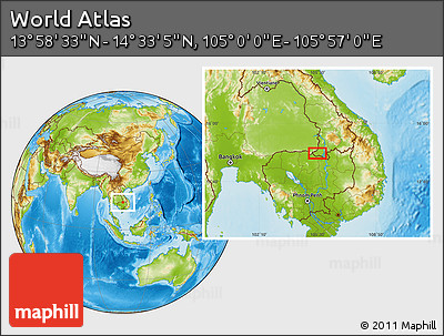 Physical Location Map of the Area around 14° 15' 49" N, 105° 28' 29" E