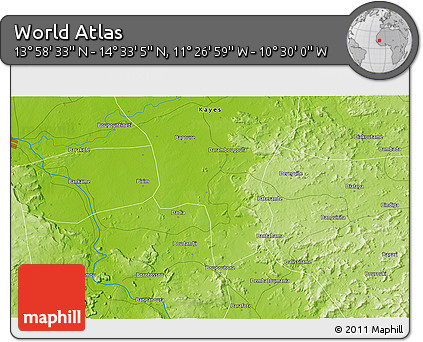 Physical 3D Map of the Area around 14° 15' 49" N, 10° 58' 29" W