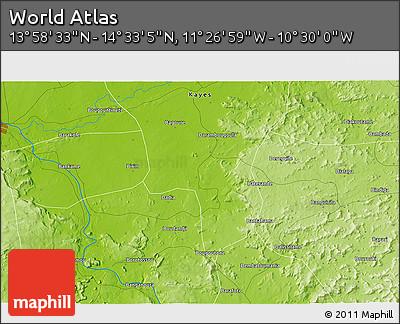 Physical 3D Map of the Area around 14° 15' 49" N, 10° 58' 29" W