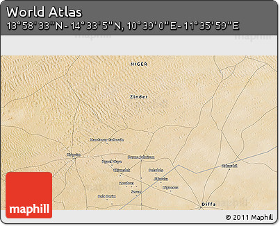 Satellite 3D Map of the Area around 14° 15' 49" N, 11° 7' 30" E