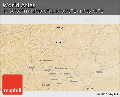 Satellite 3D Map of the Area around 14° 15' 49" N, 11° 7' 30" E