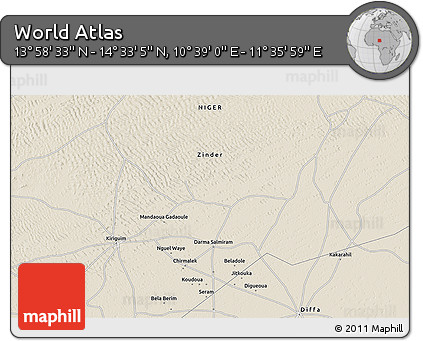 Shaded Relief 3D Map of the Area around 14° 15' 49" N, 11° 7' 30" E