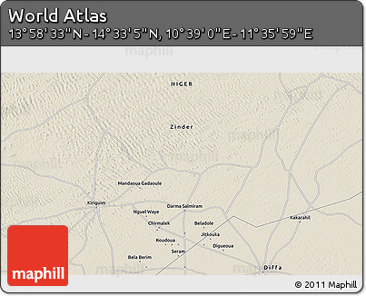 Shaded Relief 3D Map of the Area around 14° 15' 49" N, 11° 7' 30" E