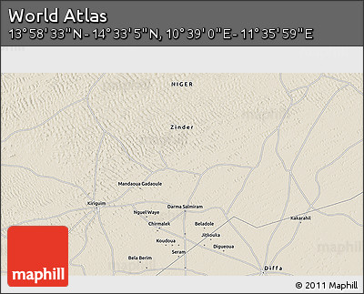 Shaded Relief 3D Map of the Area around 14° 15' 49" N, 11° 7' 30" E
