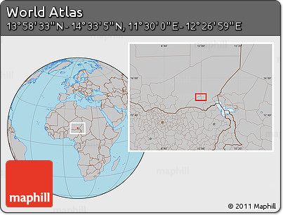Gray Location Map of the Area around 14° 15' 49" N, 11° 58' 29" E