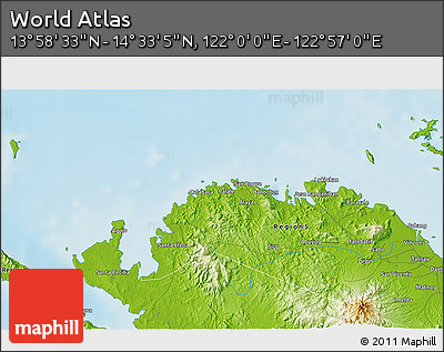 Physical 3D Map of the Area around 14° 15' 49" N, 122° 28' 29" E