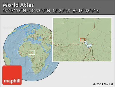 Savanna Style Location Map of the Area around 14° 15' 49" N, 12° 49' 29" E, hill shading
