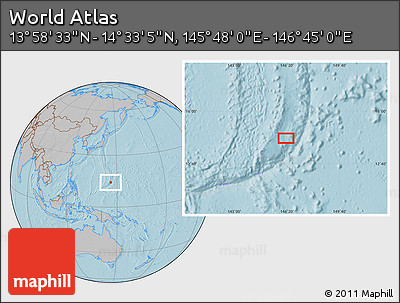 Gray Location Map of the Area around 14° 15' 49" N, 146° 16' 30" E, hill shading