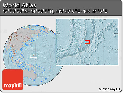 Gray Location Map of the Area around 14° 15' 49" N, 146° 16' 30" E, hill shading