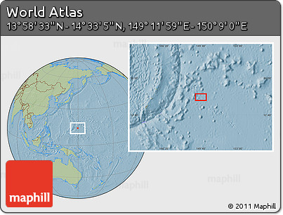 Savanna Style Location Map of the Area around 14° 15' 49" N, 149° 40' 30" E, hill shading