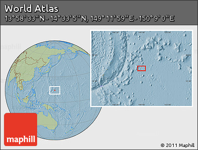 Savanna Style Location Map of the Area around 14° 15' 49" N, 149° 40' 30" E, hill shading
