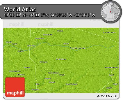 Physical 3D Map of the Area around 14° 15' 49" N, 14° 22' 30" W