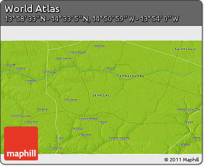 Physical 3D Map of the Area around 14° 15' 49" N, 14° 22' 30" W