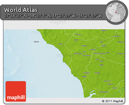 Physical 3D Map of the Area around 14° 15' 49" N, 16° 55' 29" W