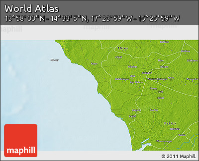 Physical 3D Map of the Area around 14° 15' 49" N, 16° 55' 29" W