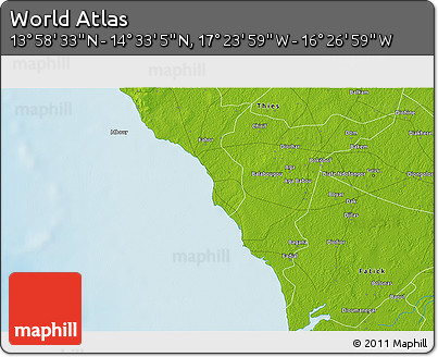 Physical 3D Map of the Area around 14° 15' 49" N, 16° 55' 29" W