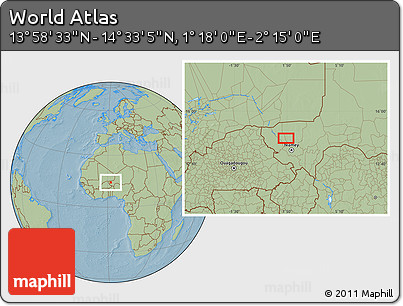 Savanna Style Location Map of the Area around 14° 15' 49" N, 1° 46' 29" E, hill shading