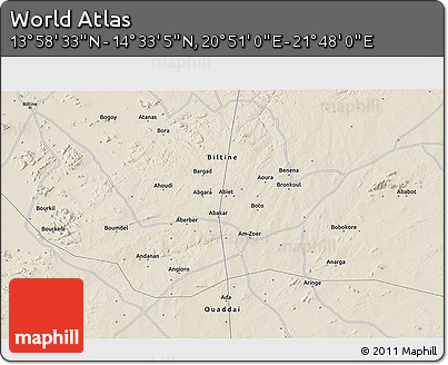 Shaded Relief 3D Map of the Area around 14° 15' 49" N, 21° 19' 30" E