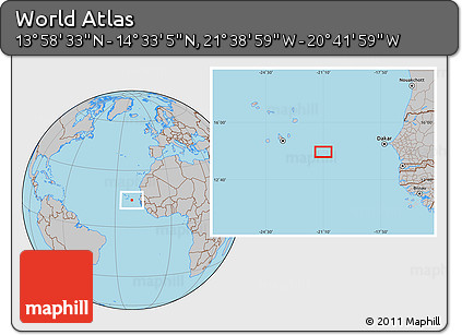 Gray Location Map of the Area around 14° 15' 49" N, 21° 10' 29" W