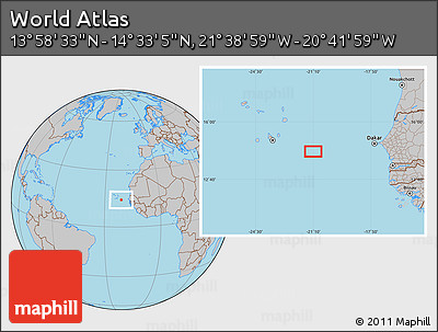 Gray Location Map of the Area around 14° 15' 49" N, 21° 10' 29" W
