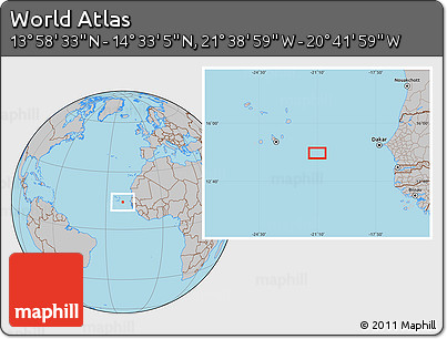 Gray Location Map of the Area around 14° 15' 49" N, 21° 10' 29" W