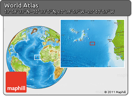 Physical Location Map of the Area around 14° 15' 49" N, 21° 10' 29" W