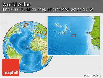 Physical Location Map of the Area around 14° 15' 49" N, 21° 10' 29" W