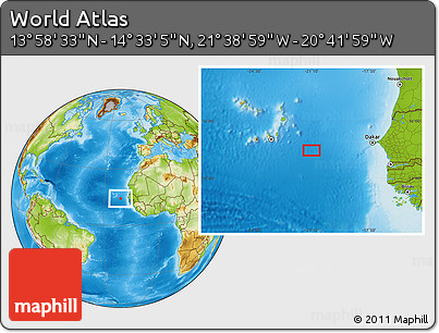 Physical Location Map of the Area around 14° 15' 49" N, 21° 10' 29" W