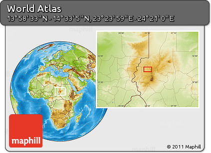 Physical Location Map of the Area around 14° 15' 49" N, 23° 52' 30" E