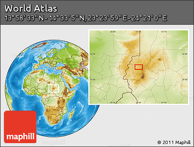 Physical Location Map of the Area around 14° 15' 49" N, 23° 52' 30" E