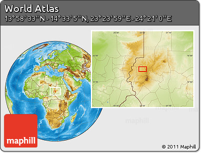 Physical Location Map of the Area around 14° 15' 49" N, 23° 52' 30" E