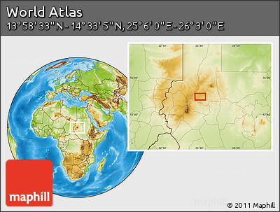 Physical Location Map of the Area around 14° 15' 49" N, 25° 34' 30" E