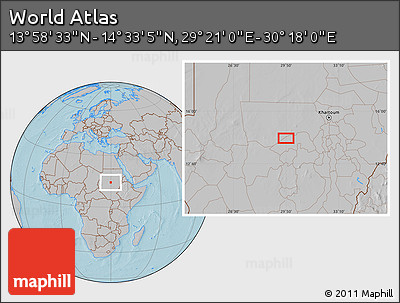 Gray Location Map of the Area around 14° 15' 49" N, 29° 49' 30" E, hill shading