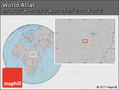 Gray Location Map of the Area around 14° 15' 49" N, 30° 40' 29" E, hill shading
