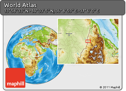 Physical Location Map of the Area around 14° 15' 49" N, 36° 37' 30" E