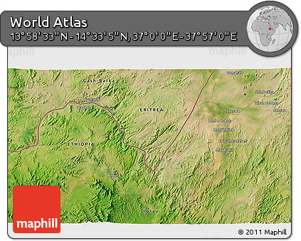 Satellite 3D Map of the Area around 14° 15' 49" N, 37° 28' 30" E