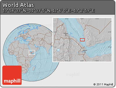 Gray Location Map of the Area around 14° 15' 49" N, 42° 34' 30" E, hill shading