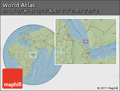 Savanna Style Location Map of the Area around 14° 15' 49" N, 42° 34' 30" E, hill shading