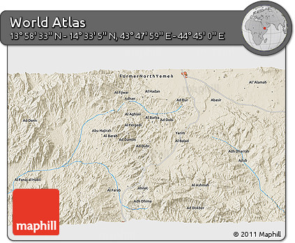 Shaded Relief 3D Map of the Area around 14° 15' 49" N, 44° 16' 29" E