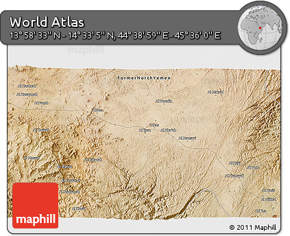 Satellite 3D Map of the Area around 14° 15' 49" N, 45° 7' 30" E