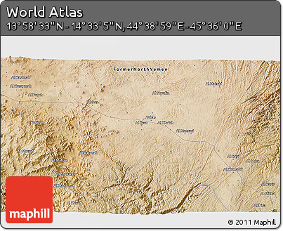 Satellite 3D Map of the Area around 14° 15' 49" N, 45° 7' 30" E