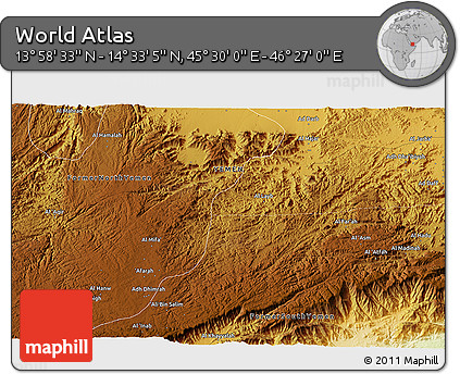 Physical 3D Map of the Area around 14° 15' 49" N, 45° 58' 30" E