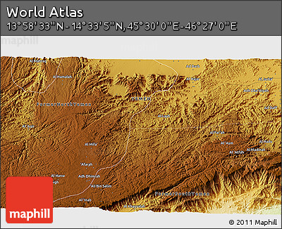 Physical 3D Map of the Area around 14° 15' 49" N, 45° 58' 30" E