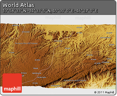 Physical 3D Map of the Area around 14° 15' 49" N, 45° 58' 30" E