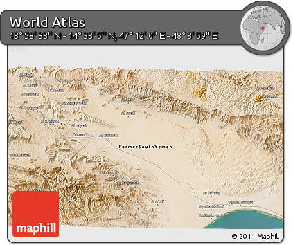 Satellite 3D Map of the Area around 14° 15' 49" N, 47° 40' 29" E