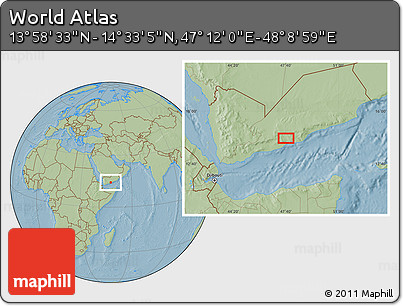Savanna Style Location Map of the Area around 14° 15' 49" N, 47° 40' 29" E, hill shading