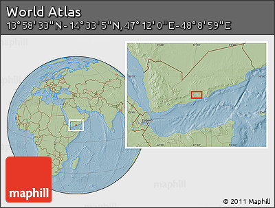 Savanna Style Location Map of the Area around 14° 15' 49" N, 47° 40' 29" E, hill shading