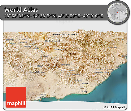 Satellite 3D Map of the Area around 14° 15' 49" N, 48° 31' 29" E