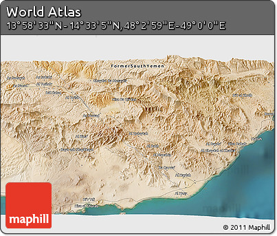 Satellite 3D Map of the Area around 14° 15' 49" N, 48° 31' 29" E