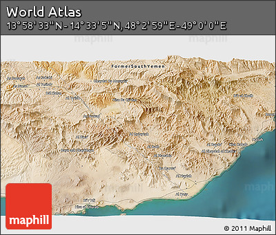 Satellite 3D Map of the Area around 14° 15' 49" N, 48° 31' 29" E